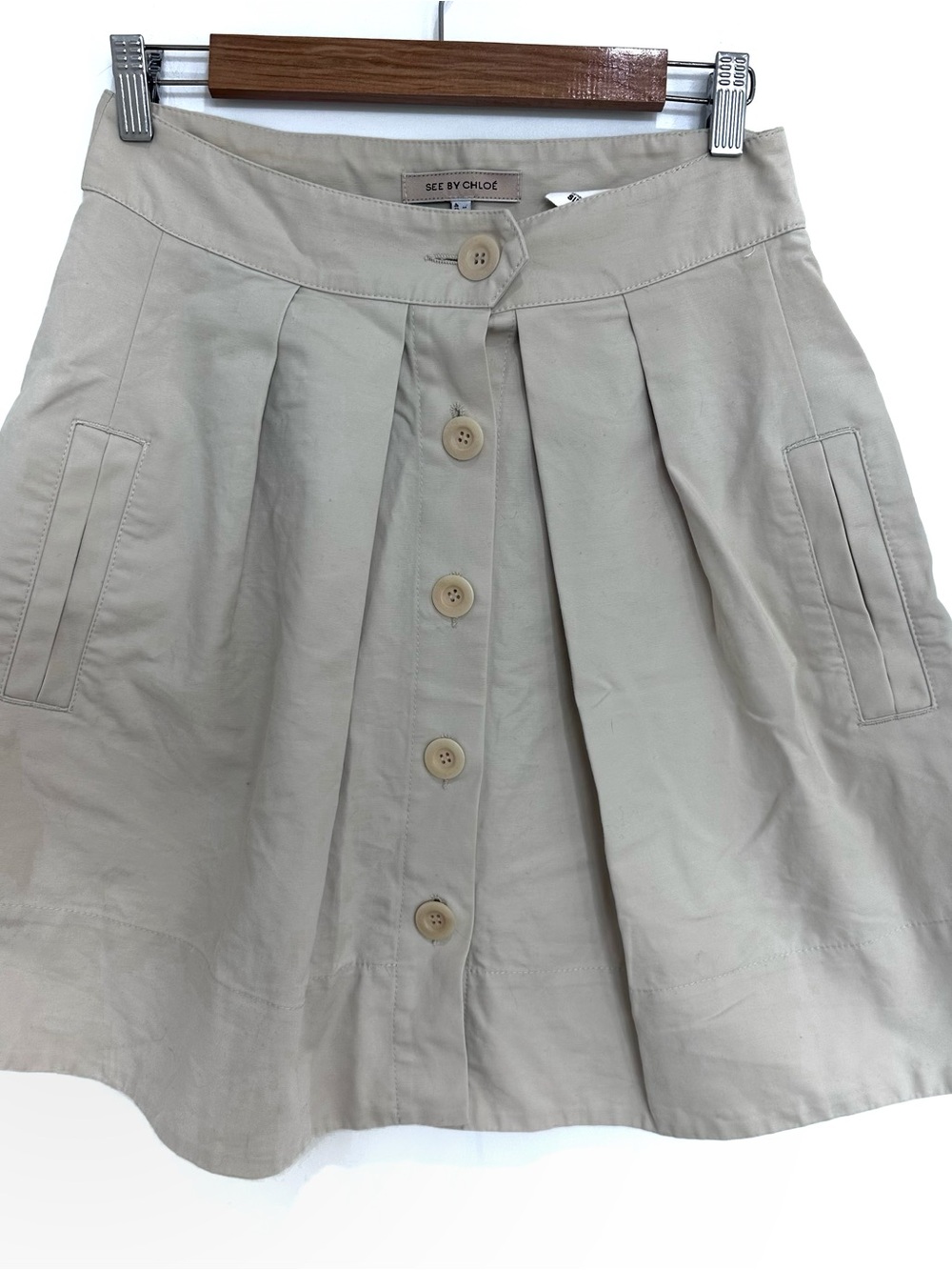 See by Chloe Button Front A-Line Khaki Knee-length Pleated Skirt, 4